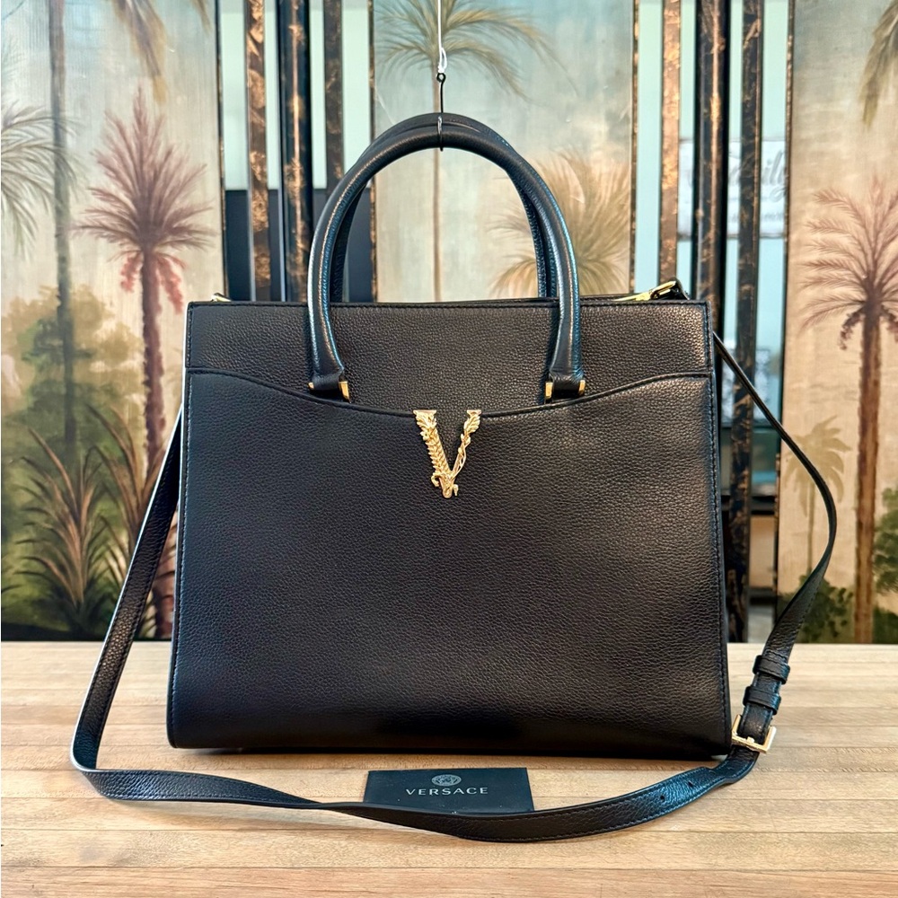 Versace Black Grained Calfskin Leather Virtus Satchel Top Handle Bag Tote Purse